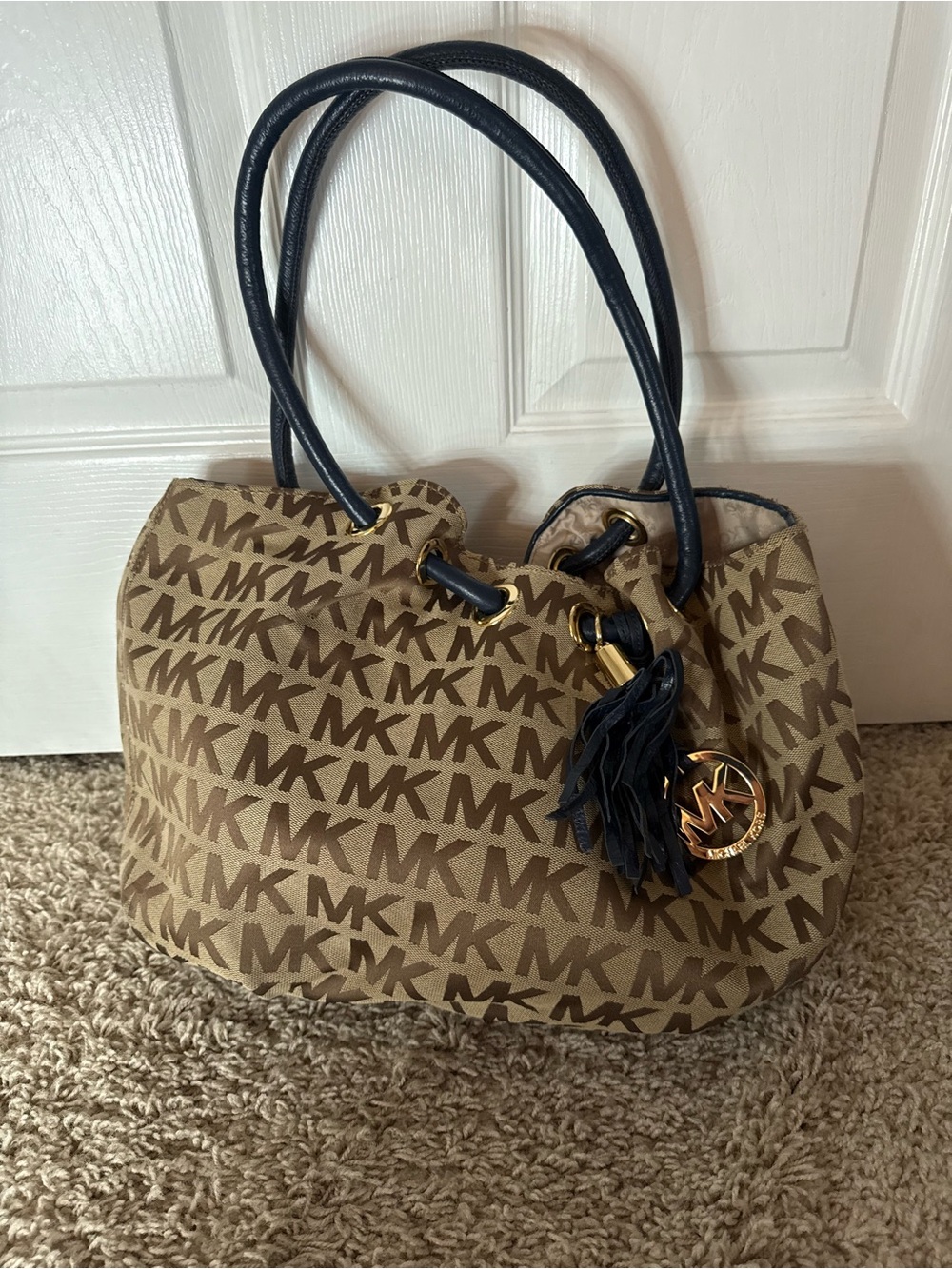 Michael Kors Tan Logo Shoulder Bag with Navy Handles